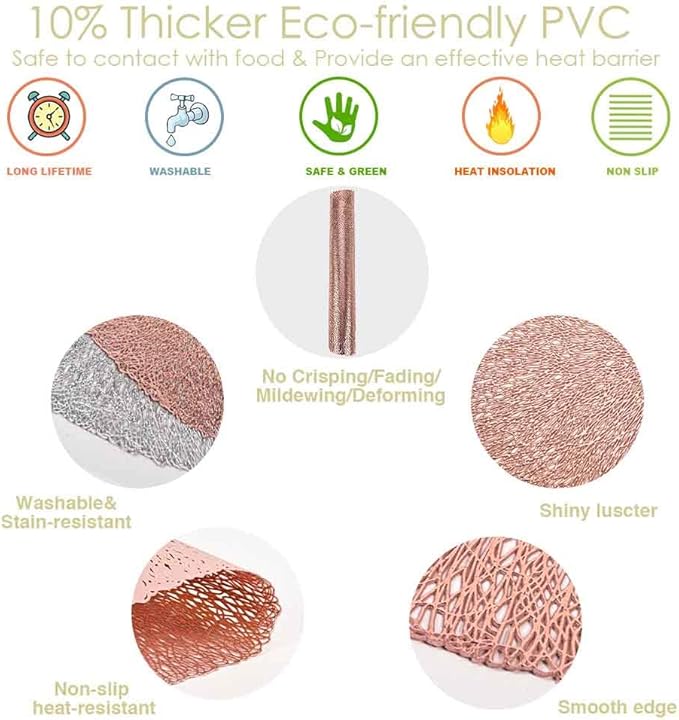 GIVERARE Placemats Set of 4, Round Heat-Resistant Vinyl Placemat, 15 inch Non-Slip Washable PVC Table Mat, Easy to Clean Premium Plastic Mats for Dining, Kitchen Table (Bright Pink)