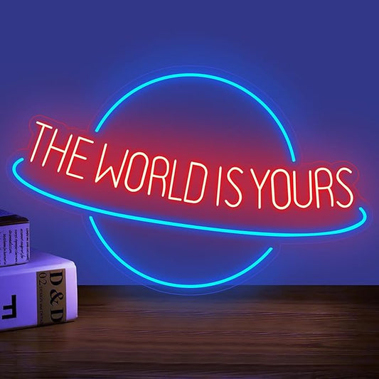The World is Yours Neon Sign Planet LED Neon Light for Wall Decor Dimmable Blue Light Up Signs for Man Cave Beer Bar Wedding Game Room Bedroom Birthday Party Decor Gift