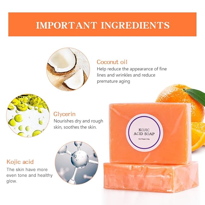 LIYALAN Kojic Acid Soap Bar Moisturizing Deep Cleansing for Face and Body Smooth Skin Care 140g x 2 bars,9.9 oz 2 bars