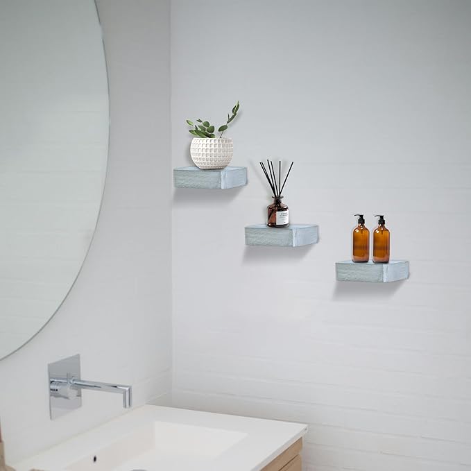 Small Floating Shelf,Set of 3 Display Ledges for Wall,Mini Shelves,Rustic Wood Shelf for Bedroom Living Room Bathroom Kitchen (6 Inch, Vintage Grey)