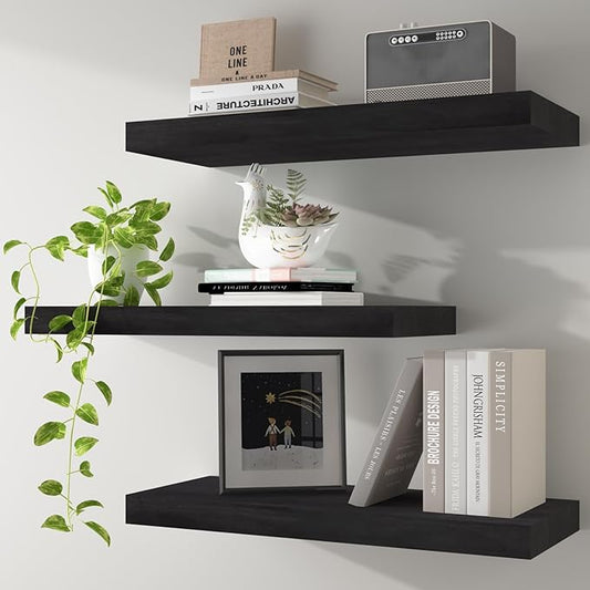 Floating Shelves Wall Shelf Solid Wood Mounted Storage for Bedroom Living Room Set of 3, Rustic Black Wall Shelves