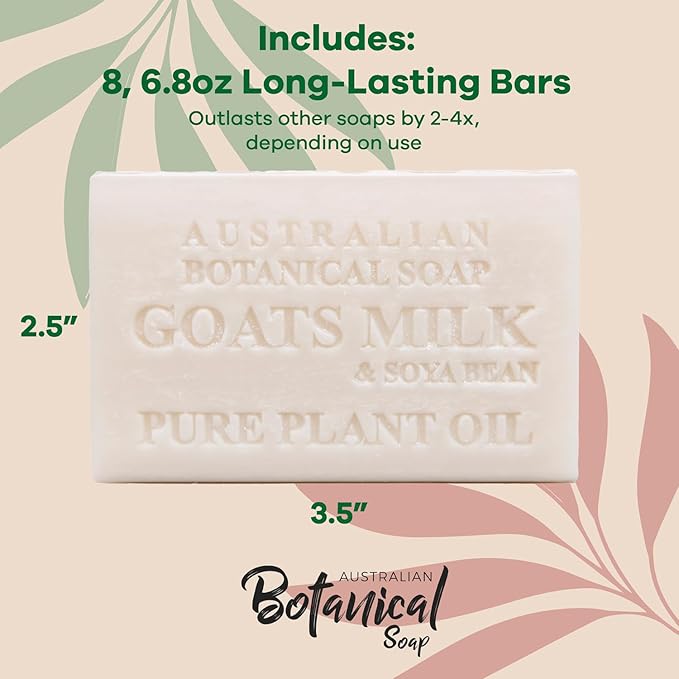 Australian Botanical Soap 7 OZ, Pack of 8, Goat Milk Soap Bars with Soya Bean Oil, Enriched with Organic Shea Butter, Suitable for All Skin Types, Packaging May Vary