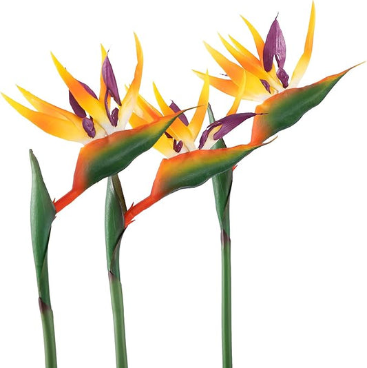 Artificial Bird of Paradise Flowers Rubber Strelitzia 32'in Long Stem Flower 3 Pcs,Suitable for DIY Home Decor Party Theme Display (Orange)