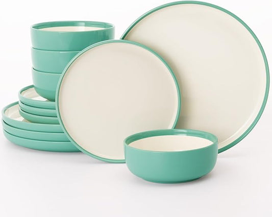 Famiware Lake MacDonnell Plates and Bowls Set for 4, 12 Pieces Dinnerware Sets, Handcrafted, Stoneware Dishes Set, Green and Beige