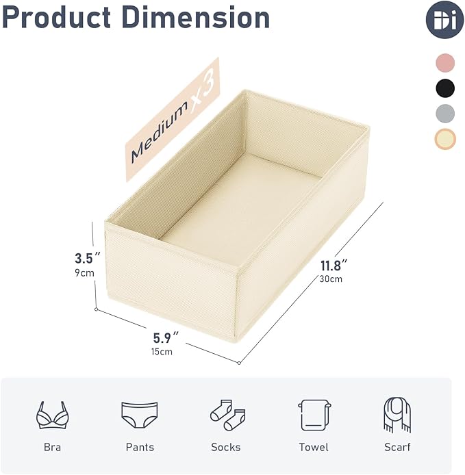 DIMJ Drawer Organizer - Small Clothes Organizer Set of 3, Drawer Dividers for Baby Clothes, Underwear, Socks, Bra, Belt, Tie - Beige
