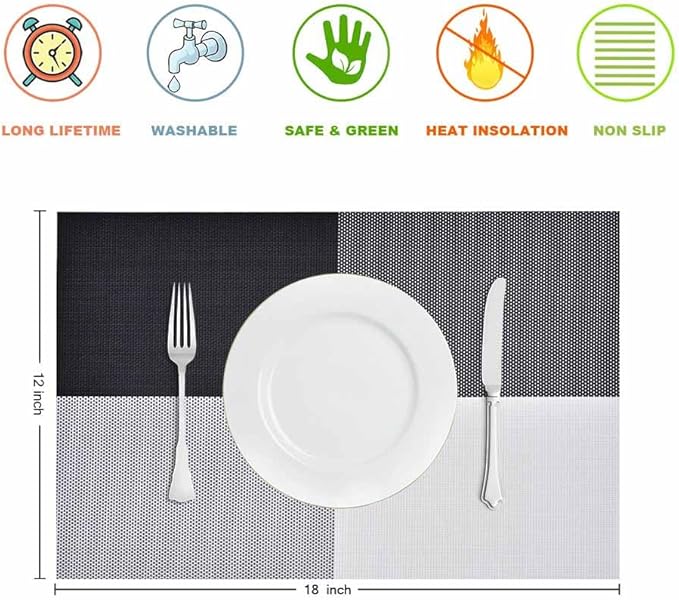 GIVERARE Placemats Set of 4, Heat-Resistant Woven Vinyl Placemat, Non-Slip Washable PVC Table Mat, Easy to Clean Premium Plastic Mats for Dining, Kitchen Table (Black+White)