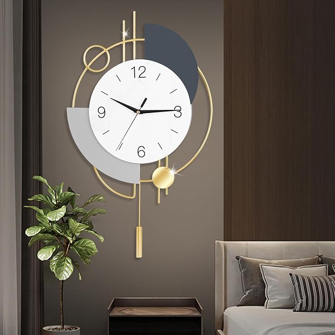 Wall Clock, Silent Quality Quartz Battery Operated with Pendulum, Large Wall Clock for Living Room Kitchen Home Bathroom Bedroom Wall Decor,13x21.65inch,Golden