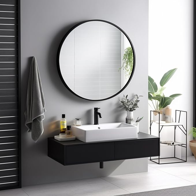 Round Mirror 28 inch, Round Black Mirror, Circle Bathroom Mirrors Metal Frame, Wall Mounted Circle Mirrors for Bathroom, Living Room, Hallway, Farmhouse.