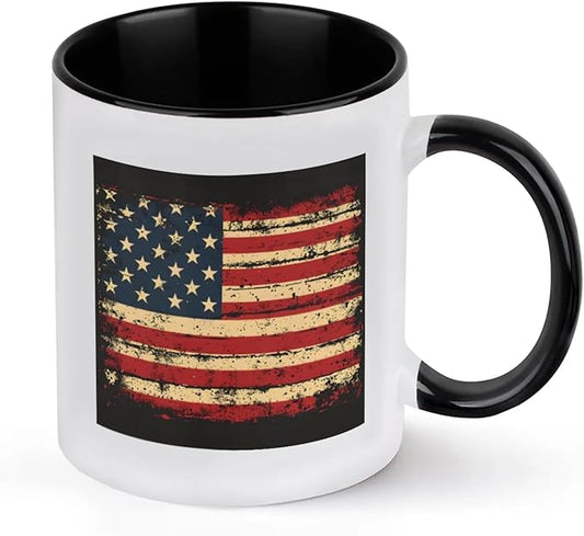 Mugs for Women, Coffee Cups Ceramic Mug, America Flag Vintage Black Tea Cups with Handle for Men, 11.2oz Ceramic Cup for Home Unique Coffee and Tea Mug Aesthetics