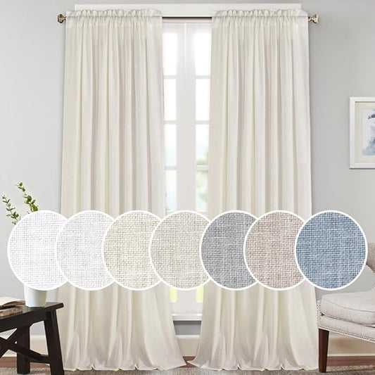 PrinceDeco Linen Blend Curtains Extra Long 108" Long, Rod Pocket Elegant Vertical Thick Linen Curtain Panels for Farmhouse/Living Room Window Drapes for Bedroom(Ivory, 2 Panels)