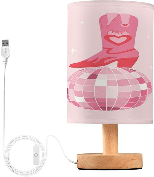 VIGTRO Table Lamp with USB Pink Cowgirl Boots with Disco Ball Bedroom Nightstand Lamps, Retro Wood Base LED Desk Light for Living Room, Office