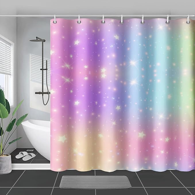 AILONEN Sparkling Stars Shower Curtain, Rainbow Shining Stars Cloth Bath Curtain Set for Girls Teens Kids Rainbow Lover,Fantasy Gradient Shower Curtain Liner,72" W*72" H