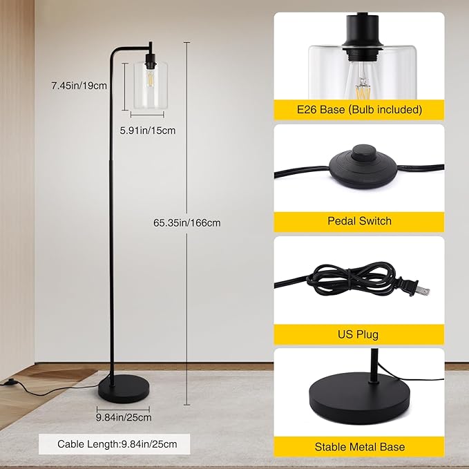 Industrial Floor Lamp, Dimmable Modern Standing Lamp with Clear Glass Shade, Black Tall Lamp with Remote & Foot Control, LED Bright Corner Lamp with 6W Bulb for Living Room Bedroom Office…