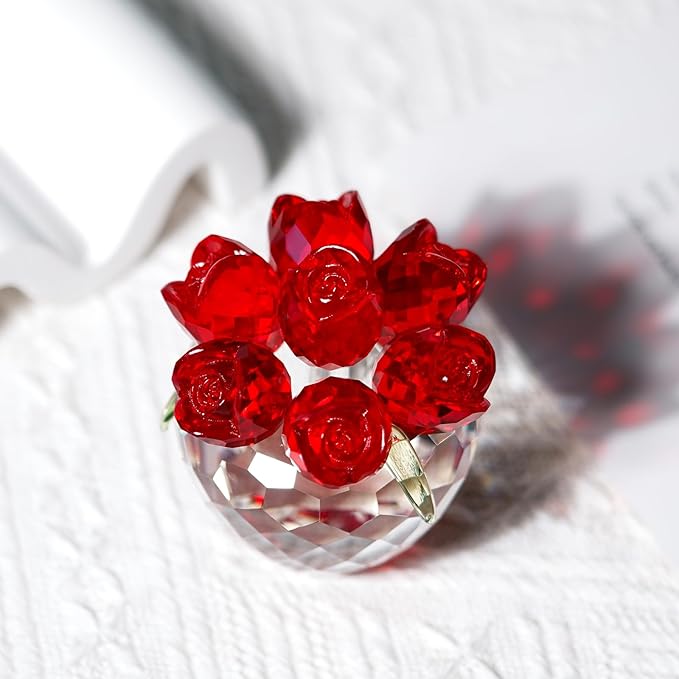 Crystal Flower Figurines - Glass Rose Home Decor - Romantic Flower Bouquet for Women（Red）
