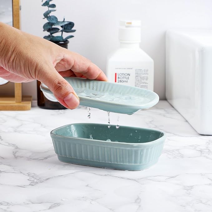 VanEnjoy Green Ceramic Soap Holder, Self Draining Soap Dish for Kitchen Sink, Decorative Bathroom Holder