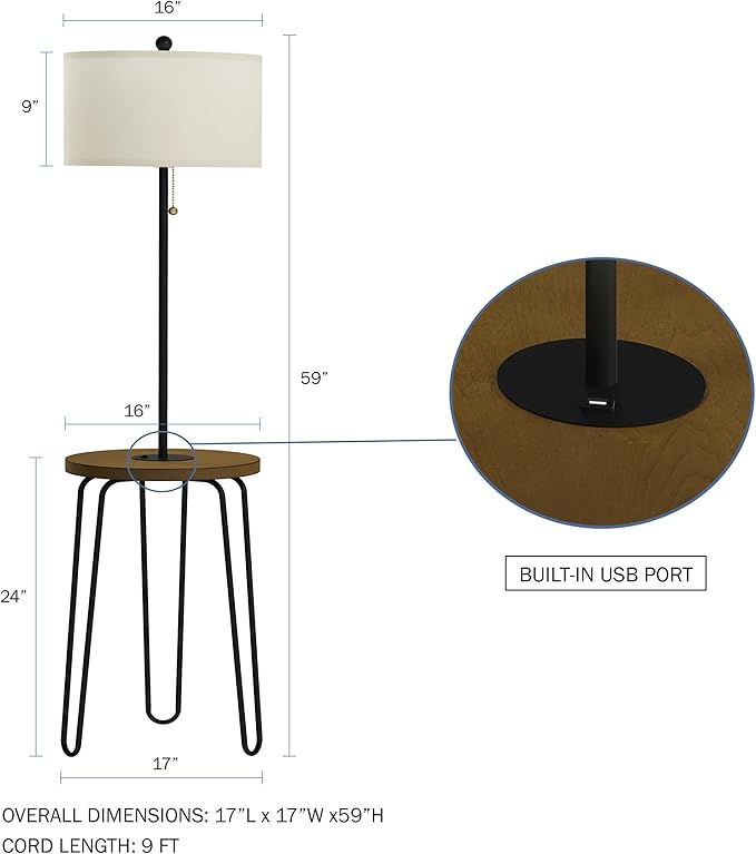 Floor Lamp with Table - Mid-Century Modern Nightstand or Side Table with USB Port and Hairpin Legs - Standing Light with Shelves by Lavish Home