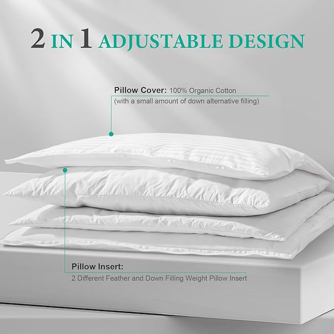 APSMILE 2-in-1 Assembleable Goose Feathers Down Pillow for Sleeping, King Size Soft-Medium-Firm Adjustable Bed Pillow Insert for Stomach, Back or Side Sleepers, 20x36
