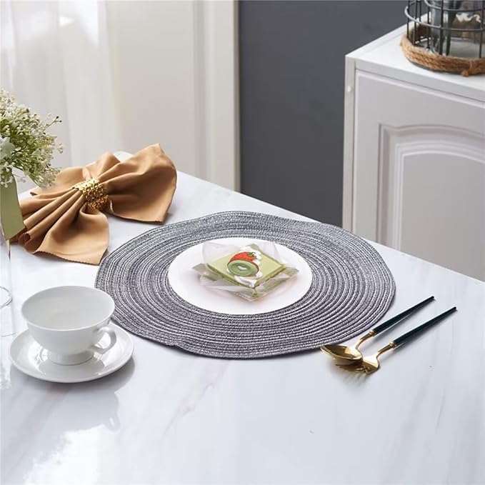 Rouned Braided Placemats Set of 4, 15 Inches Table Place Mats for Dining Table, Hot Pads for Kitchen, Trivets for Hot Dishes, Pots and Pans, Tabletop Accessories (Grey,4) ﻿