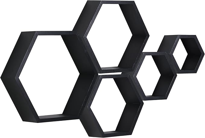 PHOENANCEE Hexagon Floating Shelves,Wall Mounted Wood Farmhouse Storage Honeycomb Wall Shelf Set of 5,for Bathroom, Kitchen, Bedroom, Living Room,Office,Home Room Wall Decor Driftwood Finish