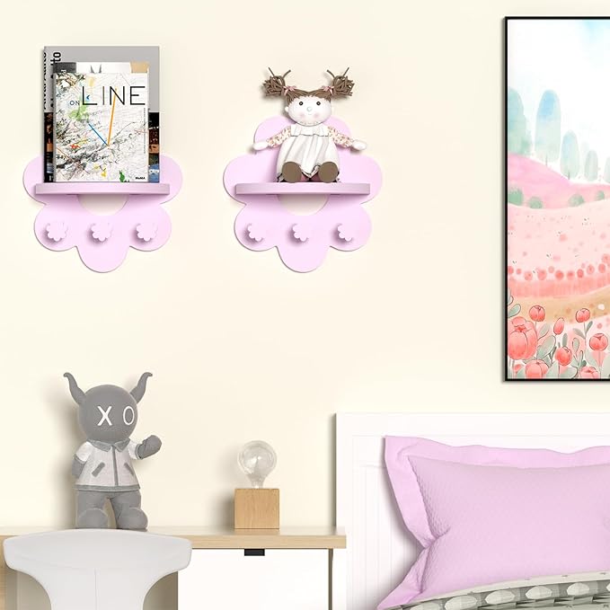 Floating Shelf for Wall, Hanging Display Wall Shelf with Hooks Wooden Daisy Flower Shelf for Bathroom Living Room Bedroom Wall Decor, Pink
