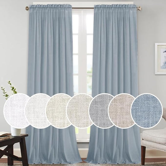 PrinceDeco Linen Curtains 108 Inches Long Curtains for Living Room 2 Panels Set,Extra Long Farmhouse Curtains for Bedroom Burlap Look Farmhouse Country Decor(Stone Blue, 52" W x 108" L)