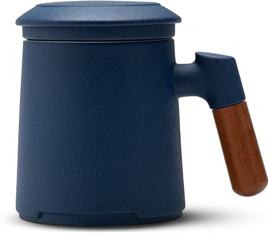 ZENS Tea Cup with Infuser and Lid for Loose Leaf Tea Steeper, 12oz Blue Tea Mug with Fine Tea Strainers for Hot Tea Diffusers, Wood Handle Ceramic Tea Mugs Accessories for Tea Lovers Gifts