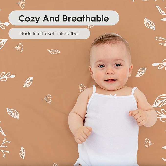 Horaldaily 2 Pack Fitted Crib Sheet for Boys Girls,Soft Breathable Washable Jersey Microfiber Baby Crib Sheet, Fits Standard Size Crib Mattress 28in x 52in, Floral Wheat Nursery Sheet White/Orange