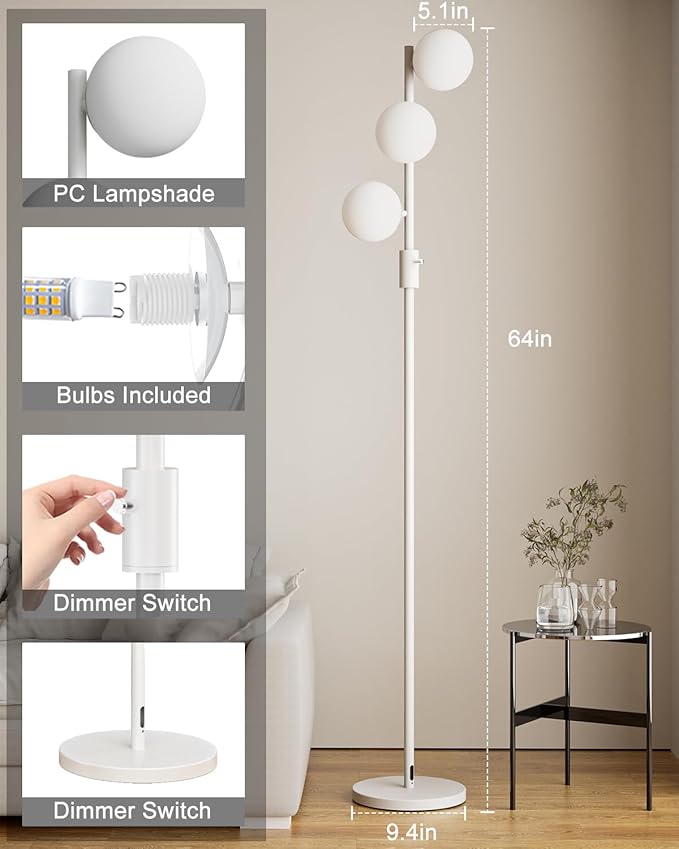 64IN Dimmable White Floor Lamp, Tall Standing Lamps with 3 Globe Soft Warm White Eye Care 3000K G9 Bulbs, Mid Century Modern Floor Lamp for Bedroom Office