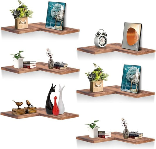 Solid Wood Set of 6 L-Shaped Corner Floating Shelf Wall Mounted Rustic Wooden Corner Shelf Hanging Wall Storage Shelf, Corner Wall Shelf Carbonized Brown, 12 inch-6 Packs