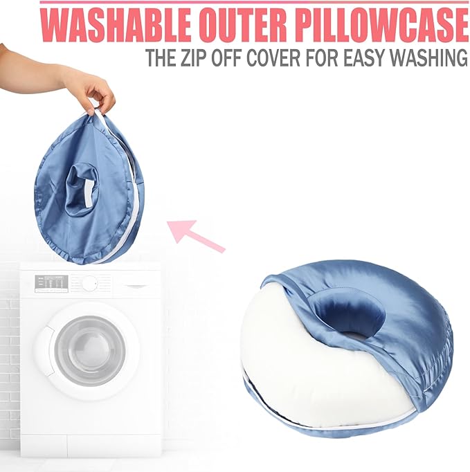 Satin Ear Piercing Pillow Removable Cover Luxury Cnh Pillow with Ear Holes for Ear Pain Side Sleepers Washable Large Donut Pillows Head Neck Support HazeBlue