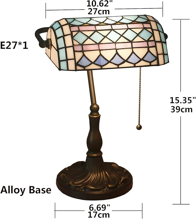 Tiffany Style Bankers Table Lamp Stained Glass Piano Desk Lamp Vintage Bedroom Bedside Lamp for Study,Antique Alloy Base,Zipper Switch,Blue Mediterranean
