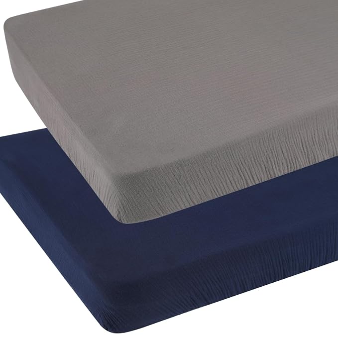 Muslin Mini Crib Sheets 38 x 24 Fitted Portable/Mini-Crib Sheet for Baby Boys and Girl Soft 100% Cotton Grey & Navy