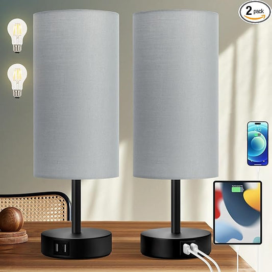 Yarra-Decor Bedside Lamps with USB Port - Touch Control Table Lamp for Bedroom 3 Way Dimmable Nightstand Lamp Set of 2 with Round Grey Fabric Shade for Living Room, Dorm, Home Office (Grey, 2 Pack)