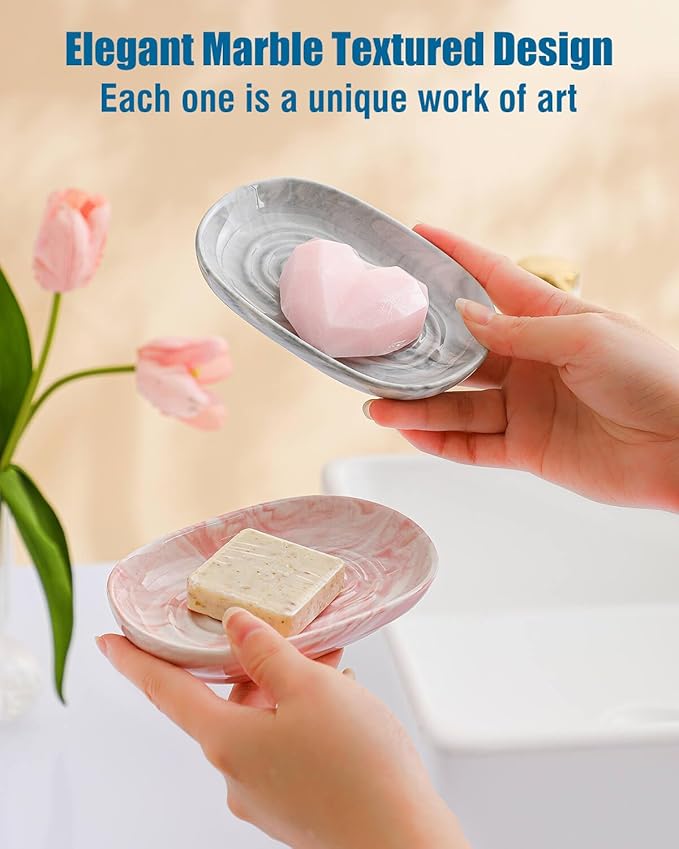 Handcrafted Fancy Ceramic Soap Dish, Decorative Soap Holder with Unique Marble Textures, Multi-Purpose Soap Bar Holder for Bathroom & Kitchen, Non-Slip & Waterproof (Pink Texture)