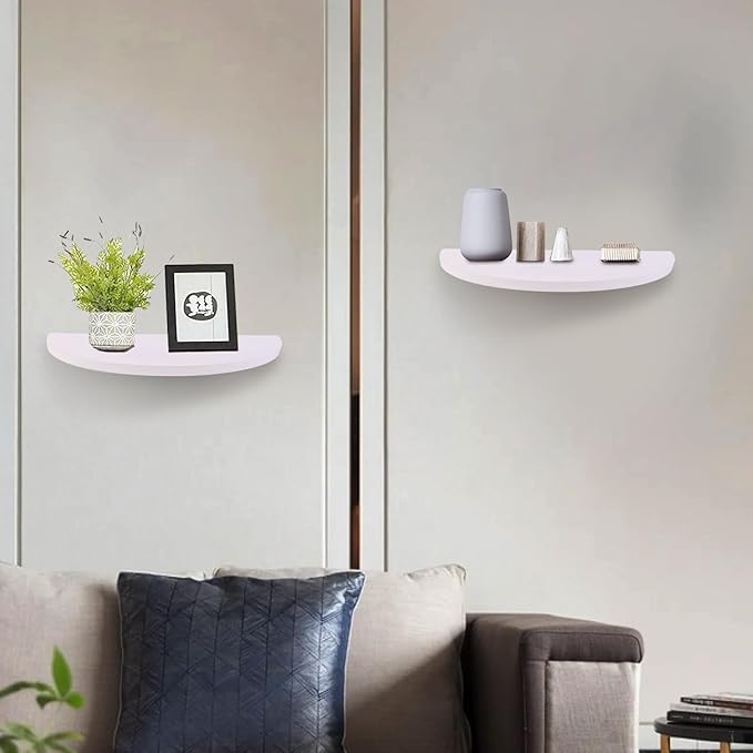 Small Floating Plant Shelves Set of 2 - Rustic Wood Half Circle Shelves for Bedroom Living Room Bathroom Kitchen Office (White)