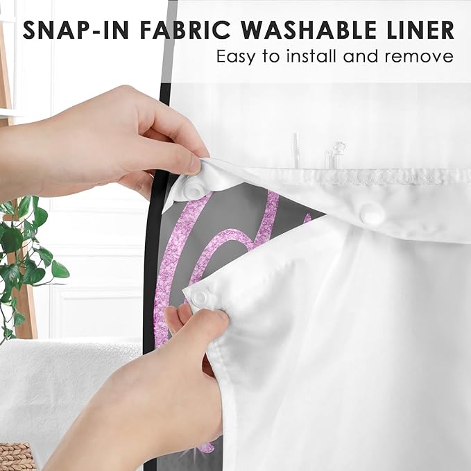 King and Queen No Hook Shower Curtain with Snap in Liner, Black and Pink Glitter Bath Curtain with Double Layers Waterproof Fabric and Mesh Top Window 71x74 Inch