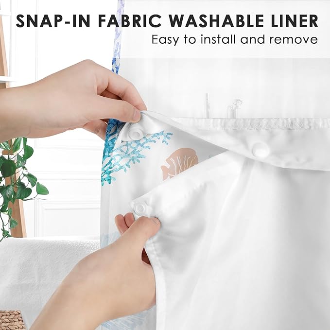 Mermaid Glitter No Hook Shower Curtain with Snap in Liner, Coral Starfish Seashell Underwater Bath Curtain with Double Layers Waterproof Fabric and Mesh Top Window 71x74 Inch