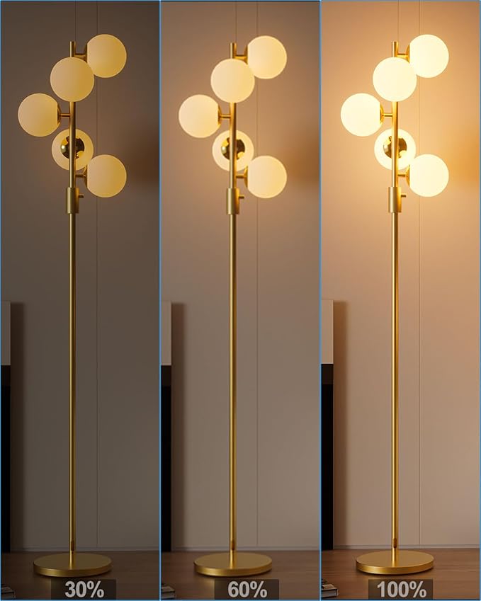 Dimmable Gold Floor Lamp, 64IN Tall Standing Lamps with 5 Globe Soft Warm White Eye Care 3000K G9 Bulbs, Mid Century Modern Floor Lamp for Living Room Bedroom Office