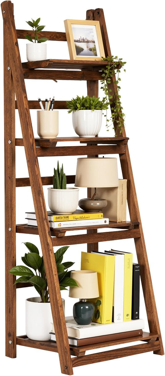 IDZO 4 Tier Wooden Ladder Shelf 44 in Bookcase Ladder Shelf Storage Shelves Rack Shelf Unit for Office and Home 44 x 16.5 inches, Wood Brown