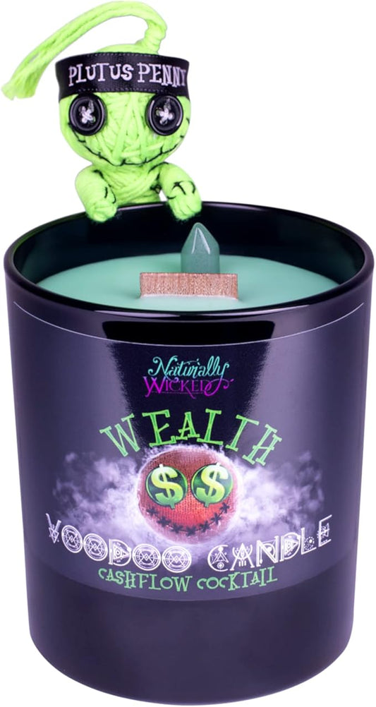Naturally Wicked Voodoo Wealth Candle Set - Inc. Voodoo Doll, Crystal, Wood Wick, Cashflow Cocktail Scent & Gift Box