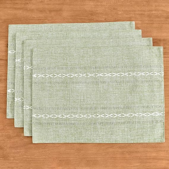 Wracra Cotton Linen Placemats, 12 x 18 Inch Set of 6 Placemats Rustic Hemstitch Place Mats for Kitchen Table and Heat Resistant-Hemstitch Sage Green