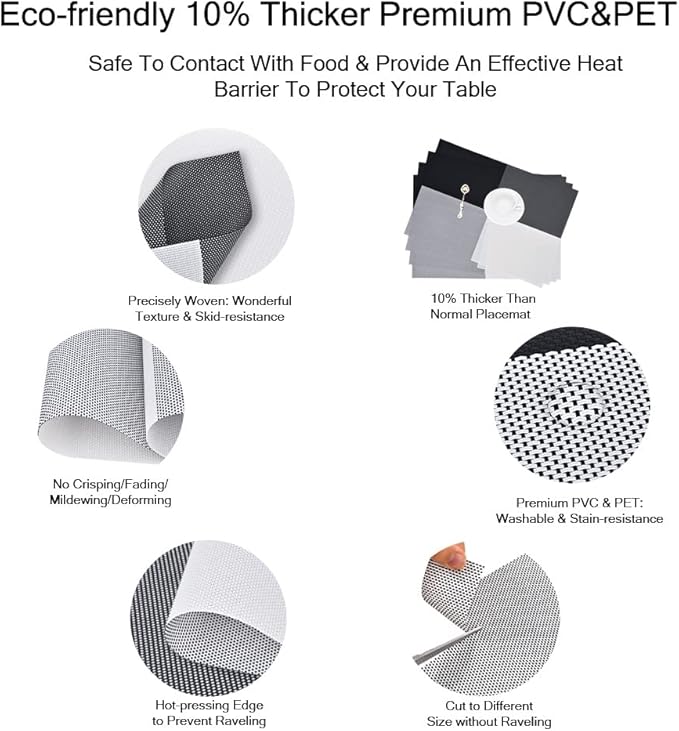 GIVERARE Placemats Set of 4, Heat-Resistant Woven Vinyl Placemat, Non-Slip Washable PVC Table Mat, Easy to Clean Premium Plastic Mats for Dining, Kitchen Table (Black+White)