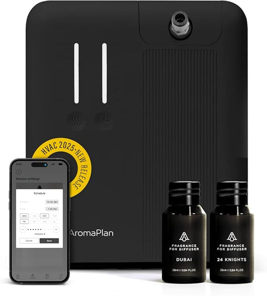 AromaPlan 2025 Waterless HVAC Scent Diffuser Whole House & Commercial Diffuser, 2 Fragrances Included-Smart, Cold-Air Waterless Scent Air- App Control, AC, 2000 Sq. Ft Coverage,Black
