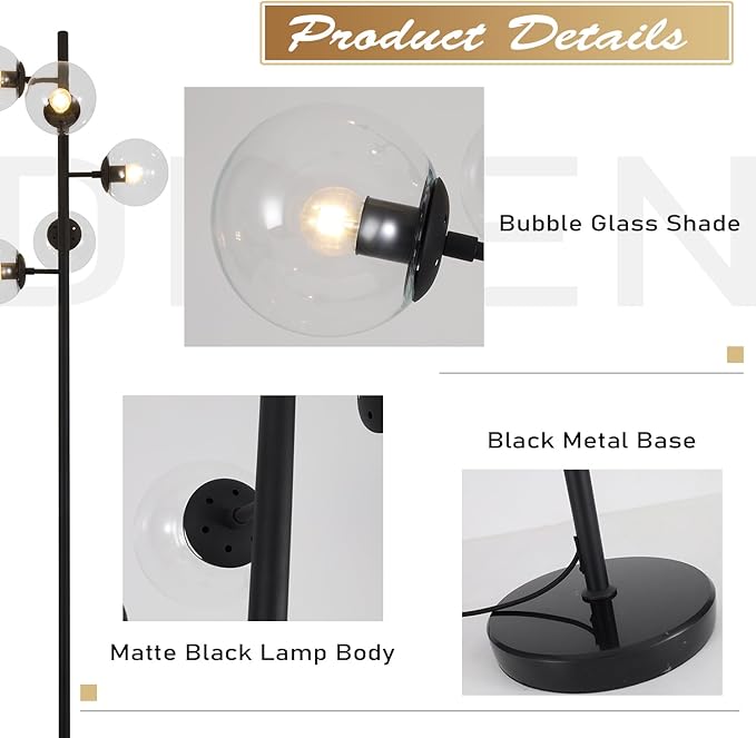 KCO Lighting 5 Light Globe Floor Lamp - Black Tall Mid Century Modern Contemporary Standing Lamp for Living Room, Bedrooms, Office