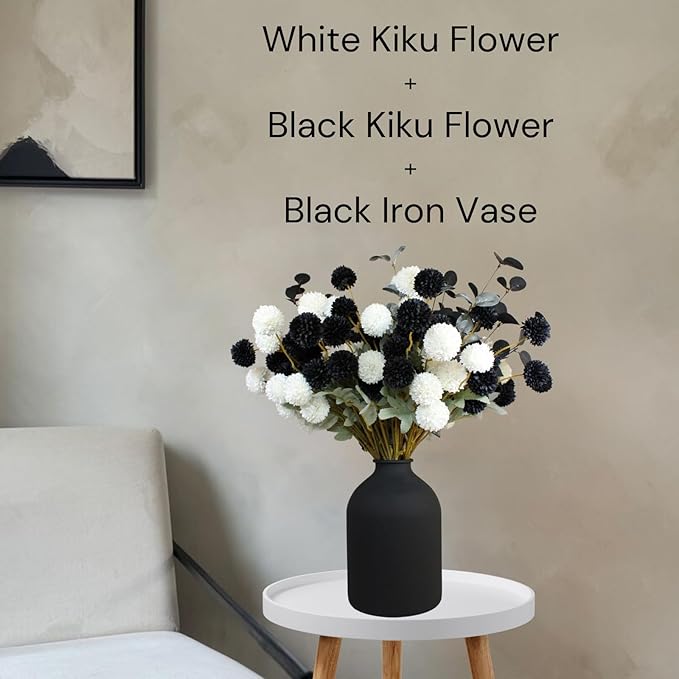 RyddeligHome White Faux Flowers for Vase - Kiku 10 Stems & Eucalyptus, Fake Flowers Stems, Realistic Artificial Flowers, Pom Pom Balls for Aesthetic Room Decor, Floral Arrangements Centerpiece
