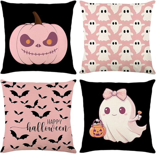 Halloween Pillow Cover 20x20 Inch Set of 4 Black White Skeleton Crow Spider Throw Pillow Covers Indoor Outdoor Farmhouse Decorative Pillow Case Halloween Home Sofa Bed Living Room Couch Decor