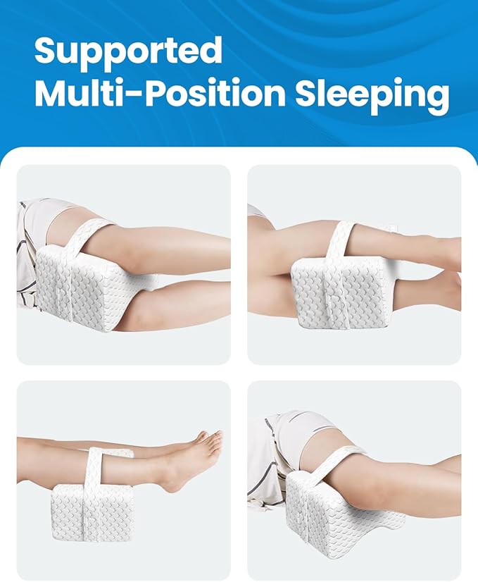 Knee Pillow for Side Sleepers - Cooling Memory Foam Leg Pillow for Side Sleeping with Strap, Soothing Relief for HIPS, Sciatica, Back, Knees, Joints (White)