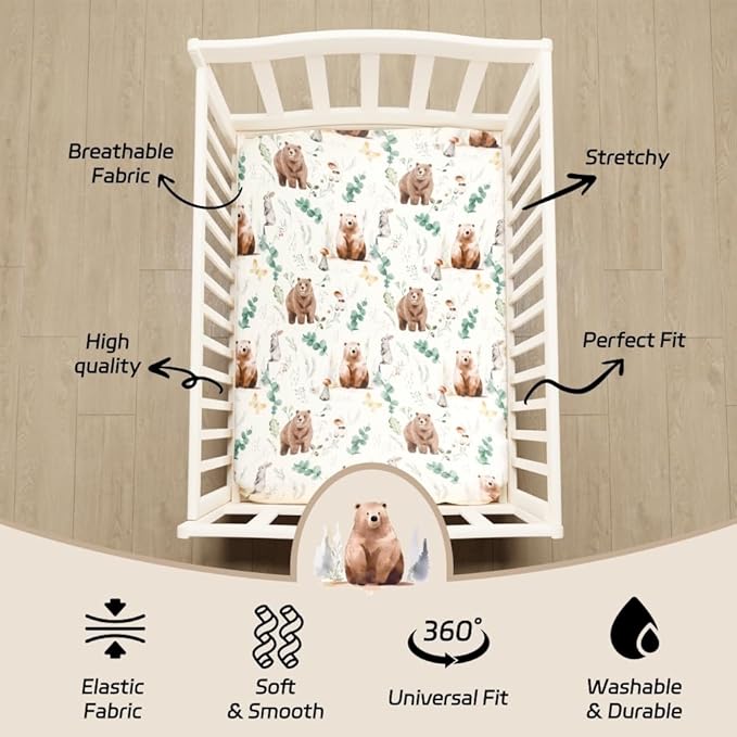 4 Pack N Play Sheets Woodland Forest Animals Wood Neutral Unisex Fitted Baby N Play Sheets Fitted for Standard Pack and Plays and Mini Cribs Set for Baby Boys or Girls (Cartoon Beer)