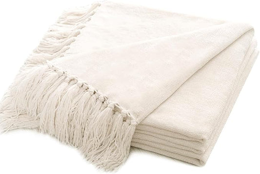 EVERGRACE Soft Chenille Throw Blanket for Couch, Cozy Plush Fuzzy Decorative Chenille Knit Throw Blanket with Tassels, Lightweight Blanket and Throws for Bed Sofa Gift Home Decor, Ivory White 50"x60"