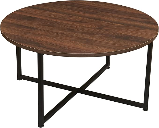 Household Essentials Jamestown Round Coffee Table Mid Century Walnut Wood Grain and Black Metal